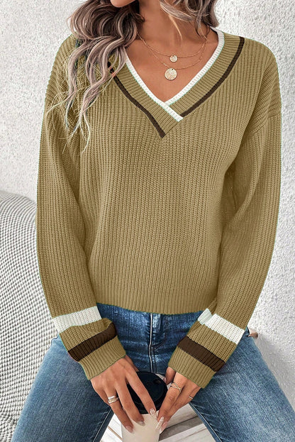 Khaki Contrast Striped Trim V Neck Drop Shoulder Sweater