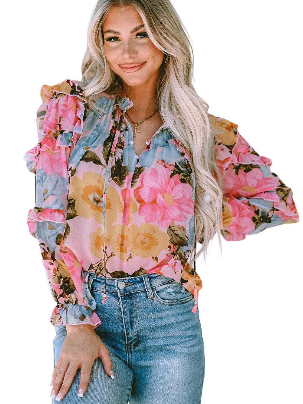 Floral Delight Pink Ruffle Tiered Puff Sleeve Blouse