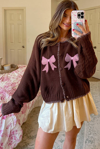 Chicory Coffee Bow Graphic Contrast Stitched Trim Chunky Cardigan Sweater