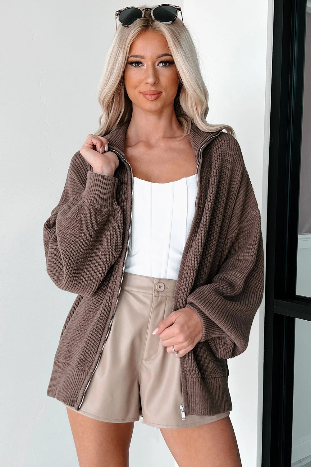 Chicory Coffee Drop Shoulder Collared Zip Up Sweater Cardigan
