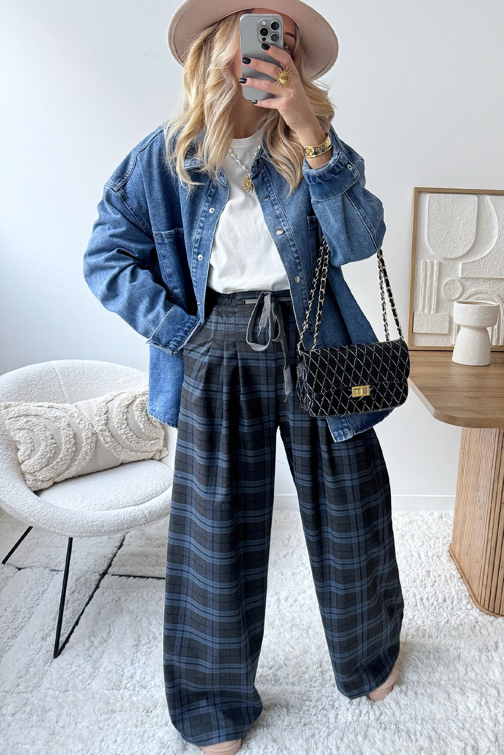 Navy Blue Plaid Print Pleated Wide Leg Drawstring Pants