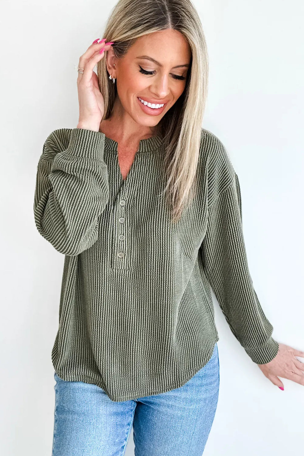 Seagrass Twisted Ribbed Half Button Long Sleeve Loose Top