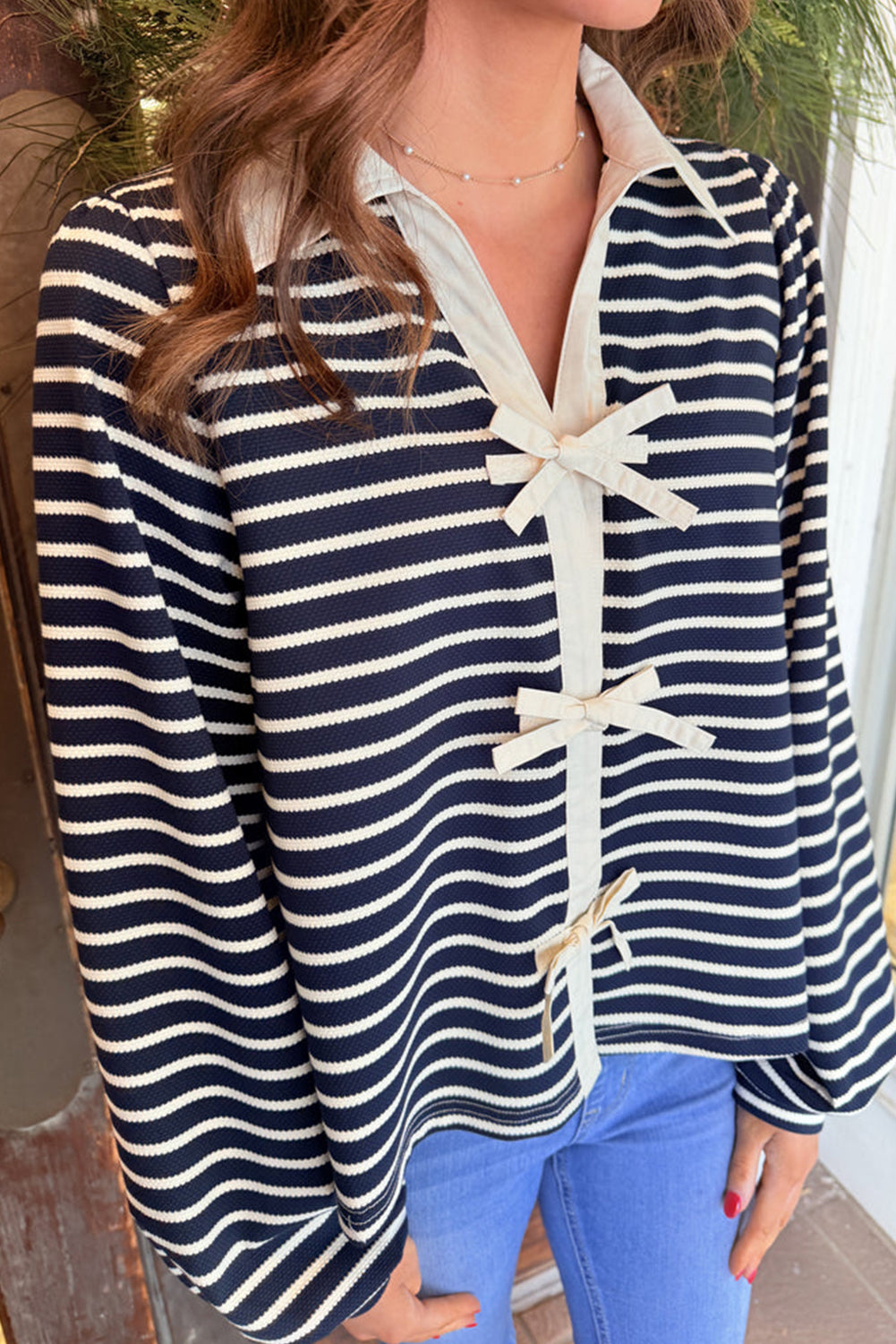 White Stripe Tied Front Collared Puff Sleeve Knit Top