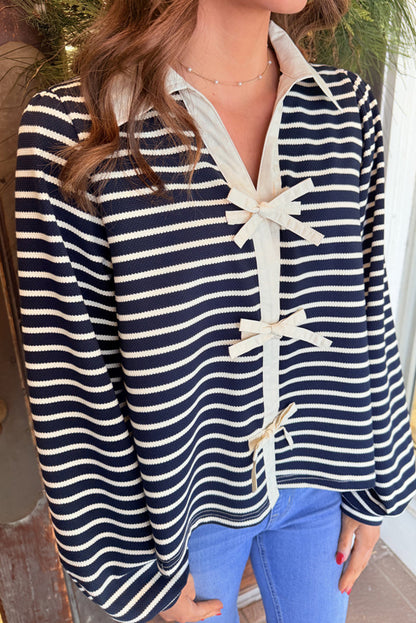 White Stripe Tied Front Collared Puff Sleeve Knit Top