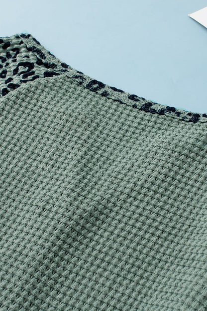 Green Leopard Waffle Knit V-Neck Blouse with Button Details