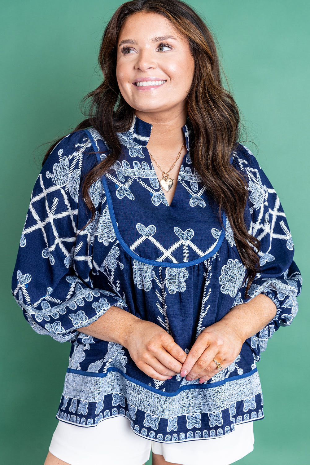 Blue Plus Size Printed Contrasted Trim Notched Neck Long Sleeve Blouse
