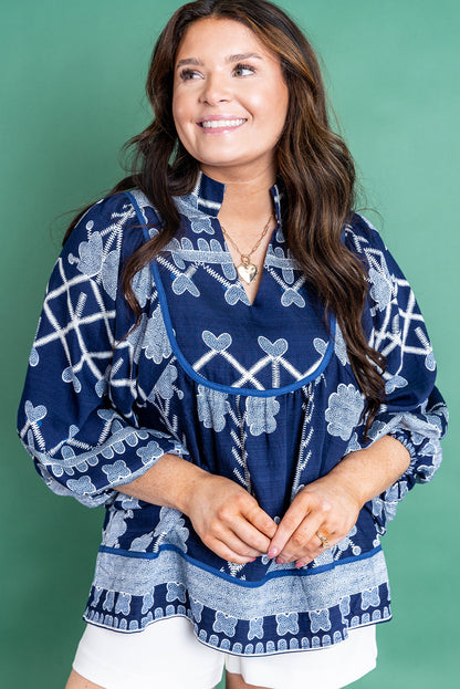 Blue Plus Size Printed Contrasted Trim Notched Neck Long Sleeve Blouse