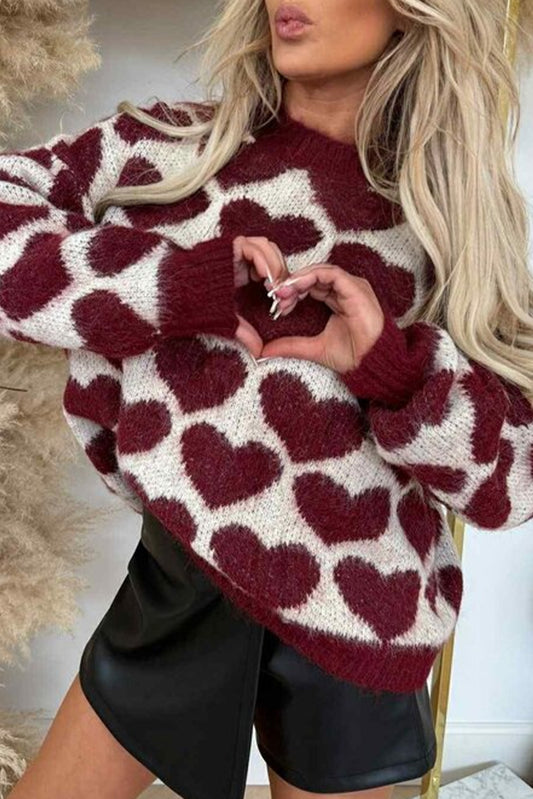 Burgundy Heart Valentine Pattern Mock Neck Baggy Sweater