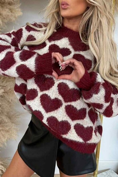 Burgundy Heart Valentine Pattern Mock Neck Baggy Sweater