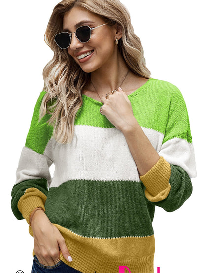 Green Color Block Winter Sweater - Stylish Pullover for Women