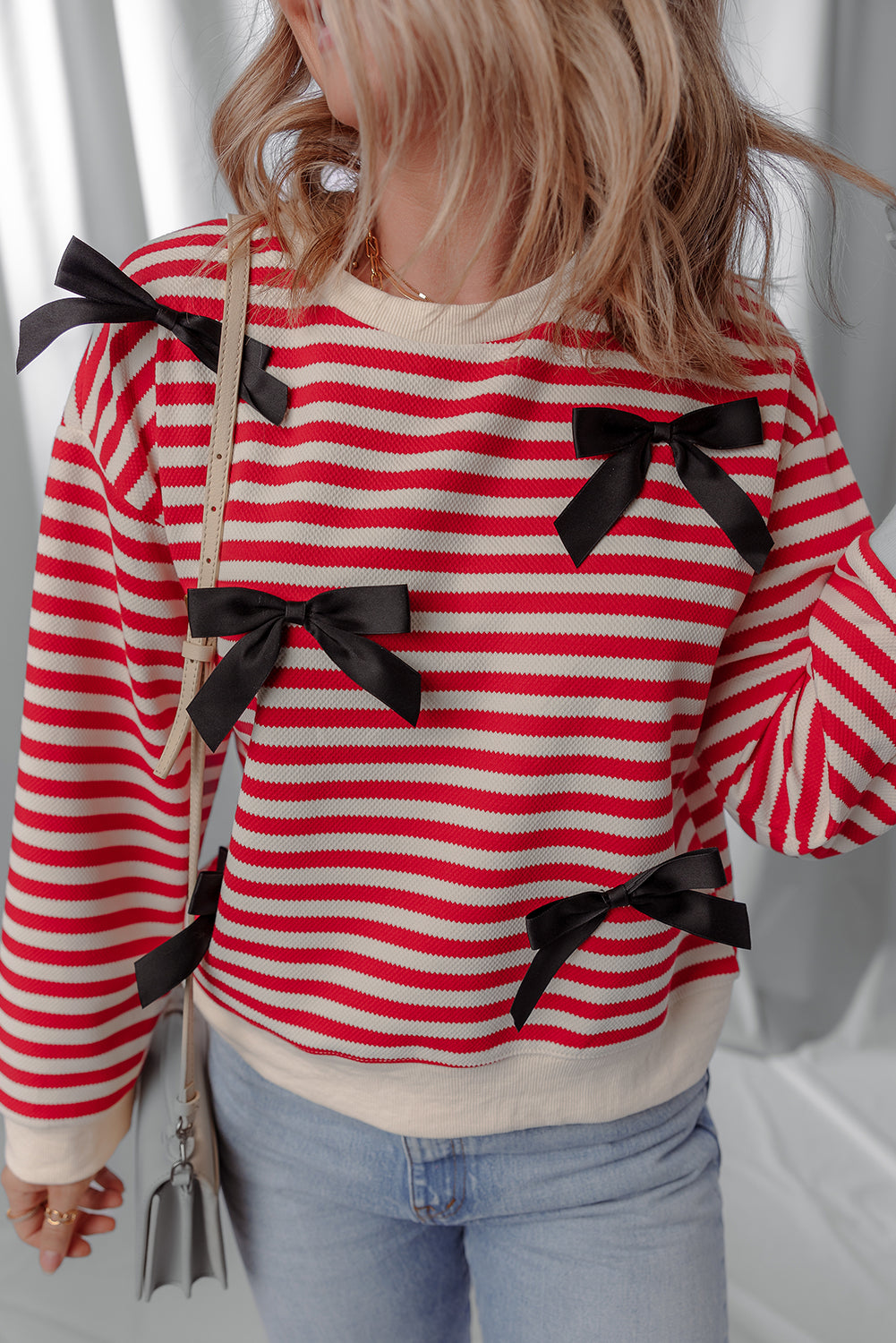 Red Stripe Contrast Ribbon Bow Detail Casual Sweater