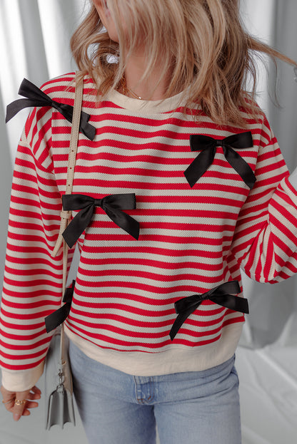 Red Stripe Contrast Ribbon Bow Detail Casual Sweater