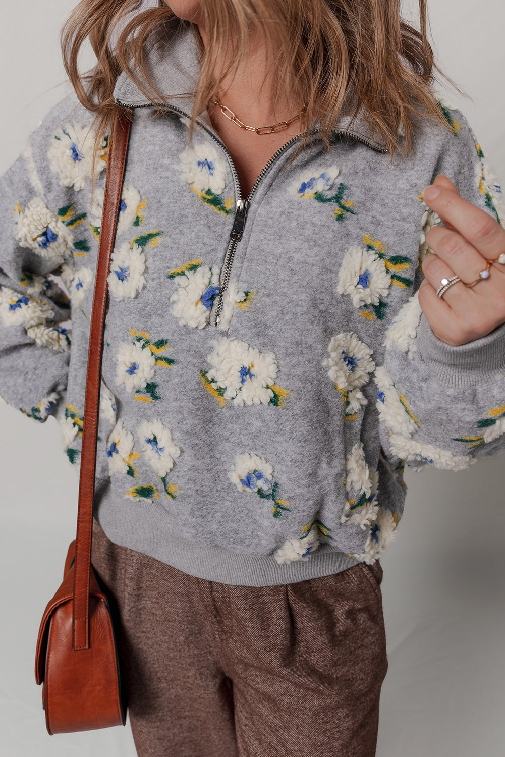 Sleet Plush Flower Pattern Zip Collar Loose Pullover Sweatshirt