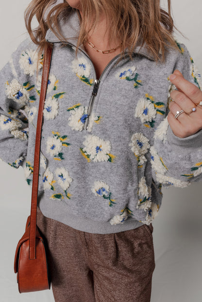 Sleet Plush Flower Pattern Zip Collar Loose Pullover Sweatshirt