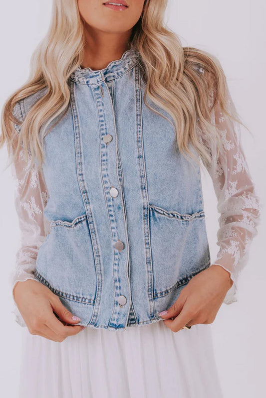 Beau Blue Scalloped Trim Patch Pocket Button Front Denim Vest