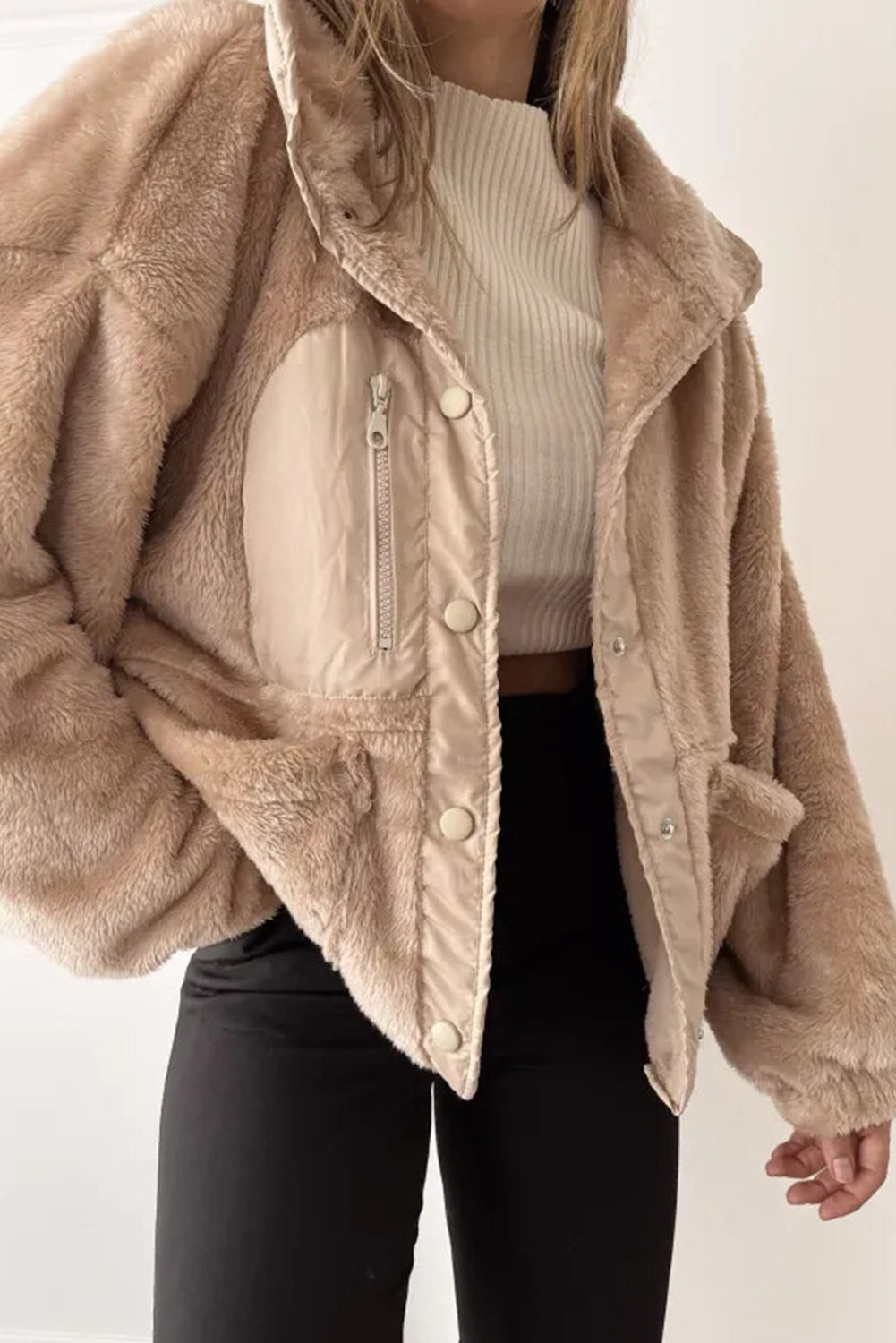 Smoke Gray Plush Color Block Patchwork Snap Button Pocketed Winter Jacket