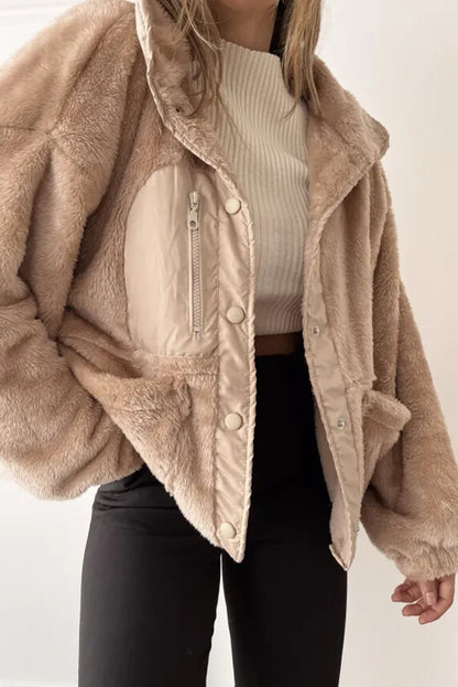 Smoke Gray Plush Color Block Patchwork Snap Button Pocketed Winter Jacket