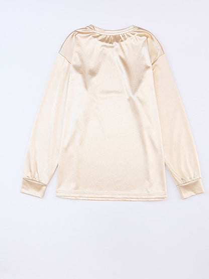 Glittery Apricot Satin Long Sleeve Top with Chest Pocket