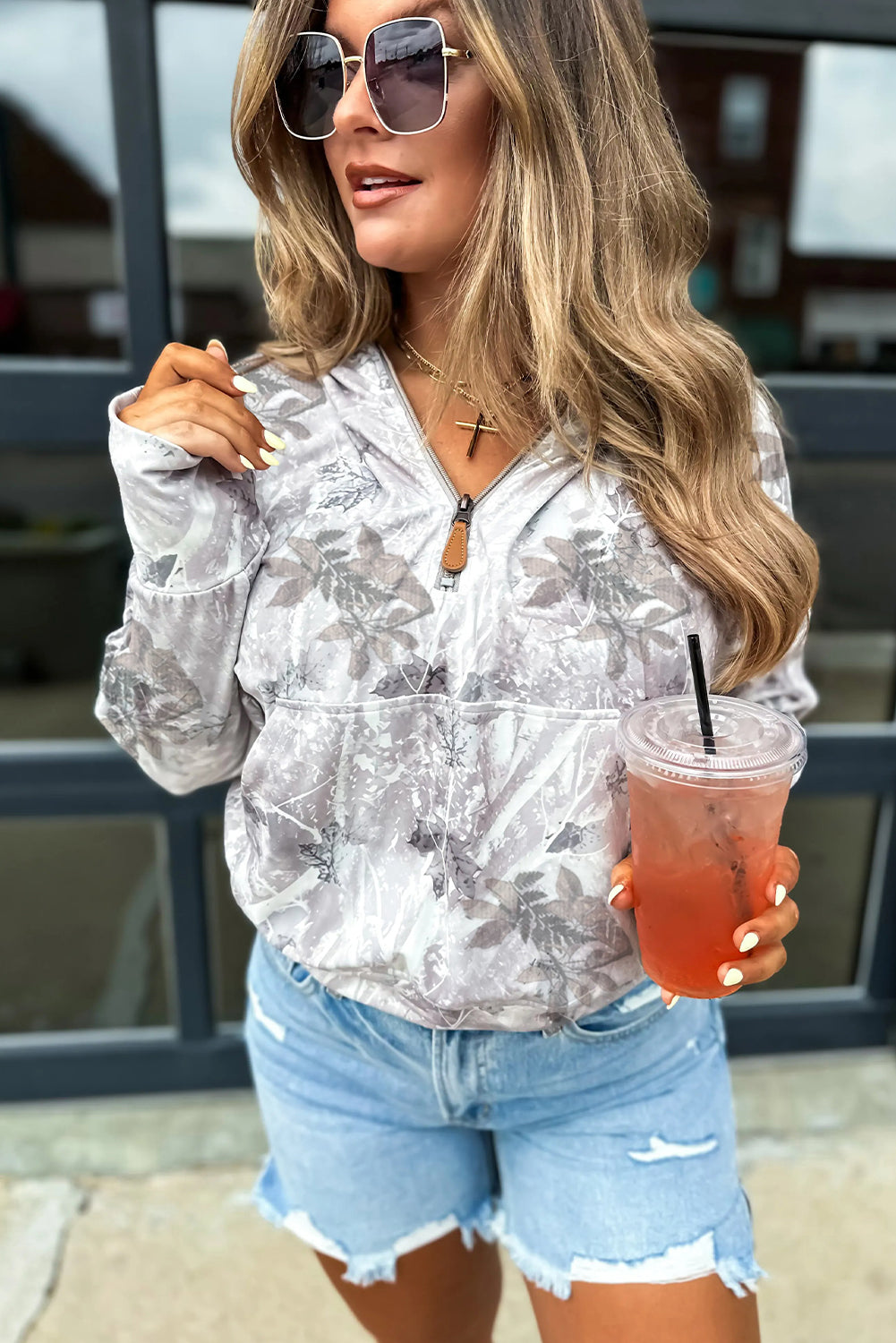 Gray Leafy Abstract Print Kangaroo Pocket Quarter Zip Hoodie