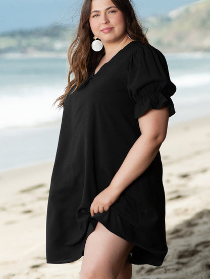 Black Solid Ruffled Puff Sleeve V Neck Plus Size Mini Dress