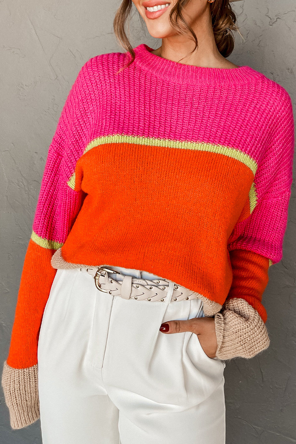 Orange Color Block Drop Shoulder Chic Casual Sweater
