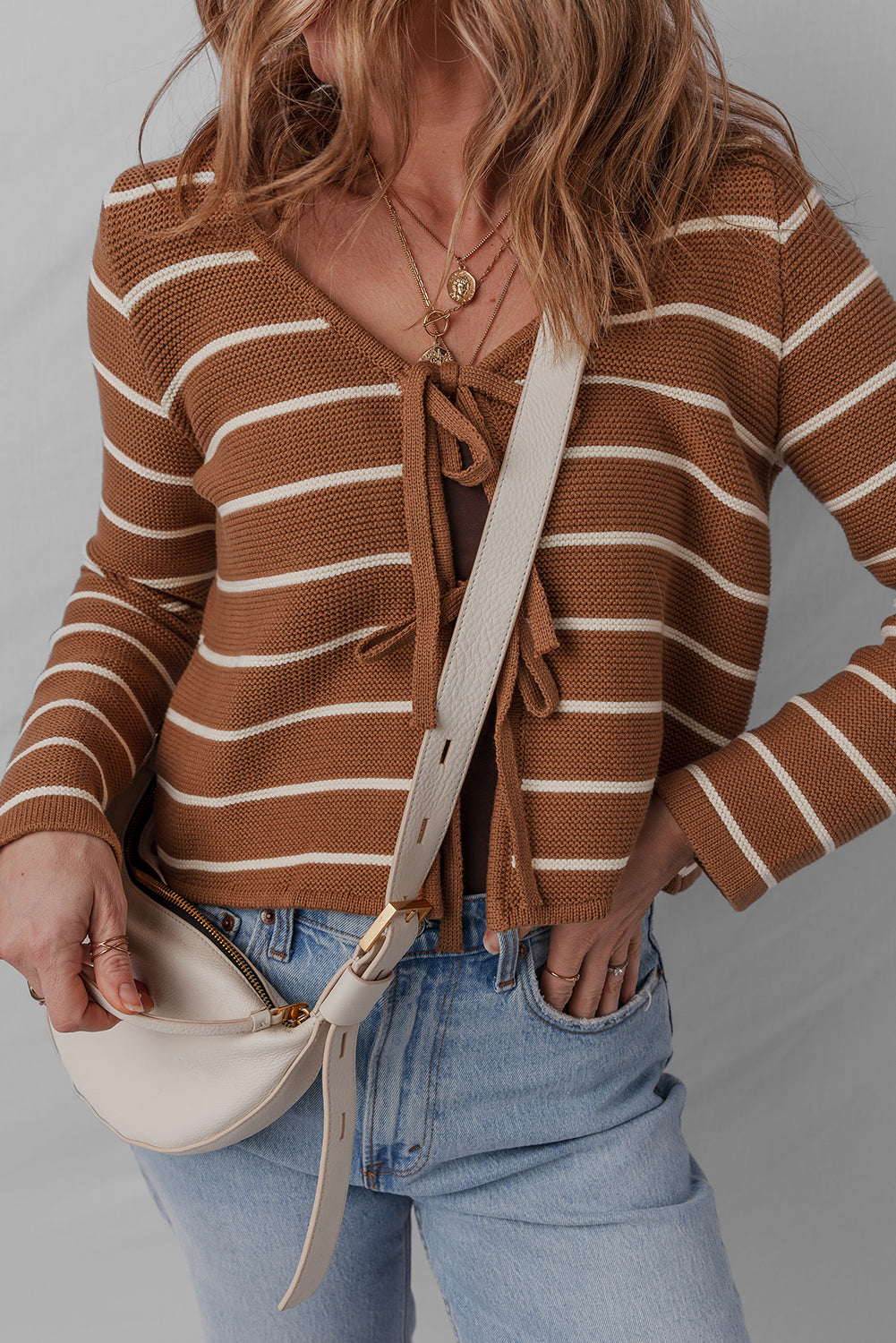 Chestnut Tie Front Striped Knit V Neck Cardigan Sweater