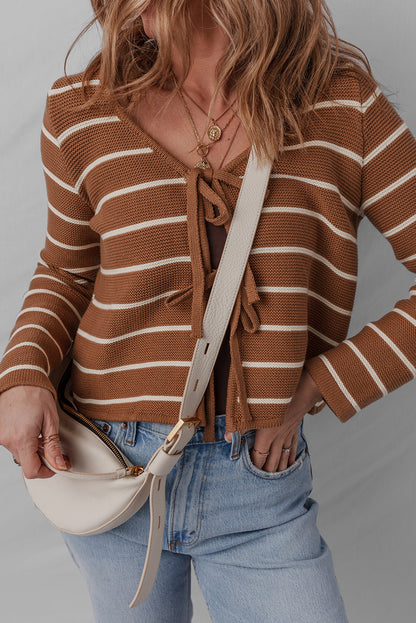 Chestnut Tie Front Striped Knit V Neck Cardigan Sweater