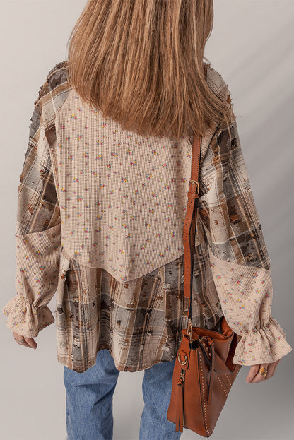 Oatmeal Boho Floral Plaid Patchwork Distressed Detail Ruffled Sleeve Waffle Knit Shacket