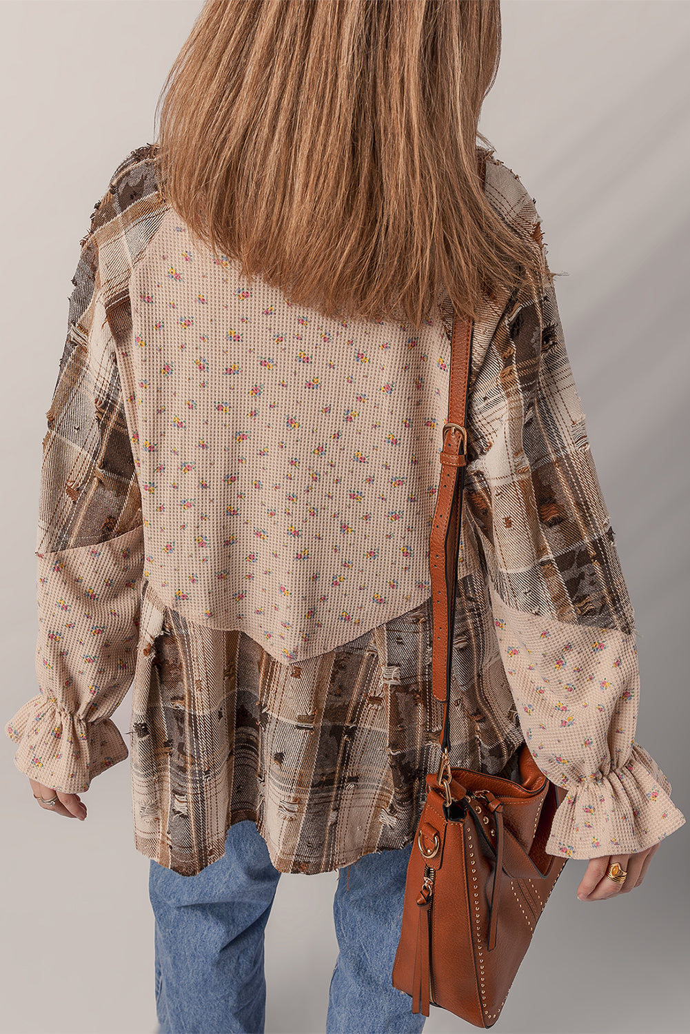 Oatmeal Boho Floral Plaid Patchwork Distressed Detail Ruffled Sleeve Waffle Knit Shacket