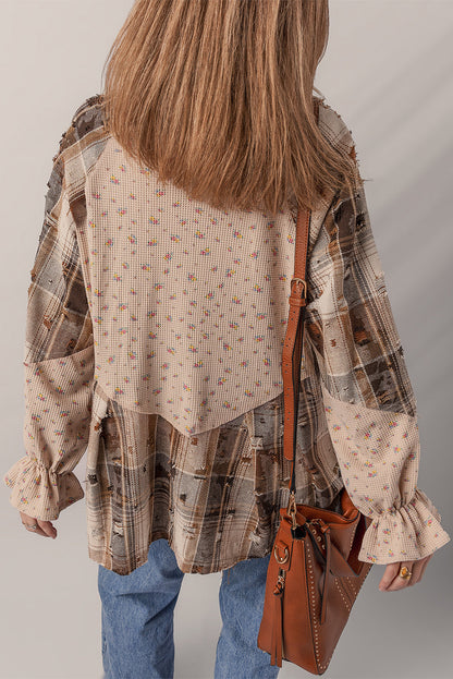 Oatmeal Boho Floral Plaid Patchwork Distressed Detail Ruffled Sleeve Waffle Knit Shacket