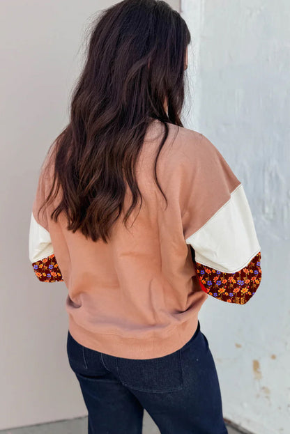 Smoke Gray Color Block Floral Patchwork Drop Shoulder Sweatshirt
