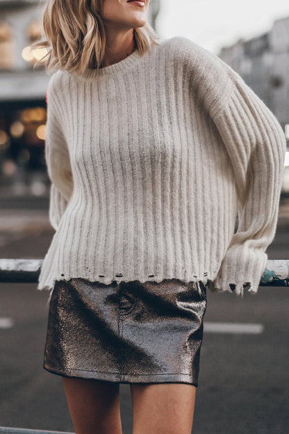 Jet Stream Ribbed Knit Raw Edge Distressed Slouchy Sweater