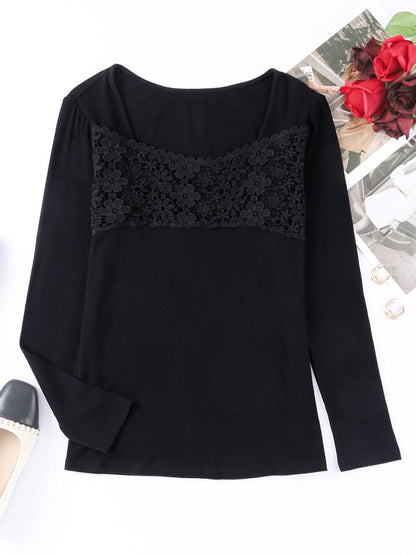 Elegant Black Lace Panel V Neck Long Sleeve Blouse