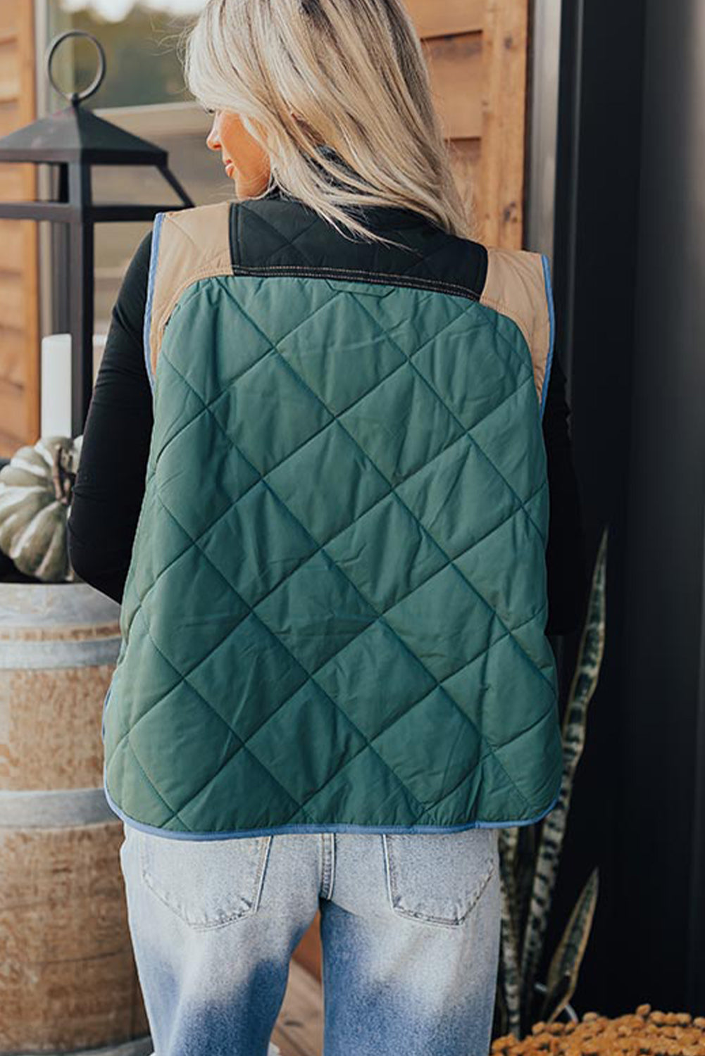 Evergreen Color Contrast High Neck Snap Button Quilted Vest
