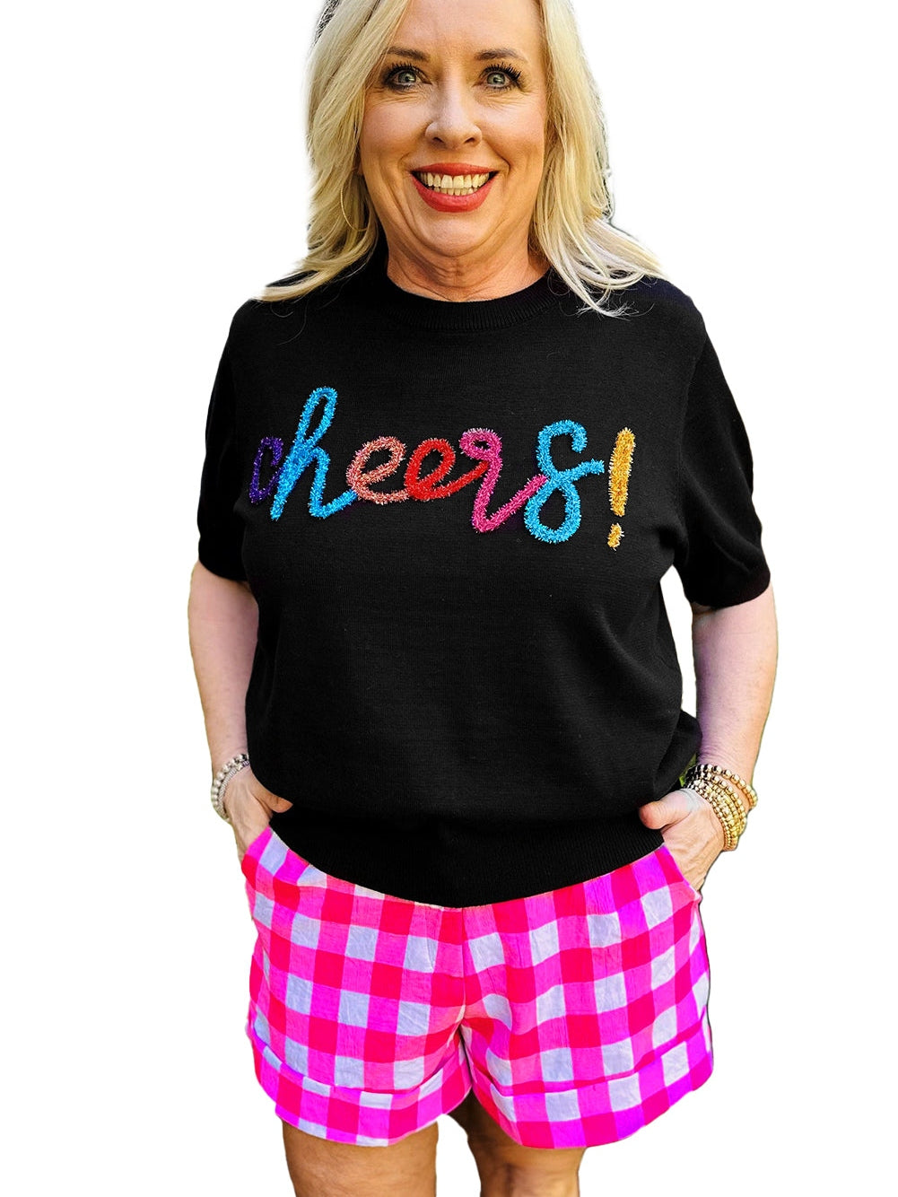 Sparkling Black Glitter Tinsel Cheers Plus Size Short Sleeve Sweater