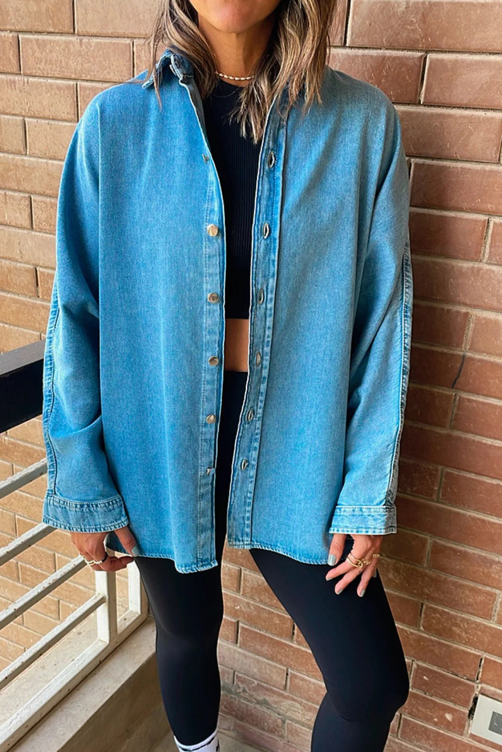 Light Blue Contrast Panel Patchwork Button Down Boyfriend Style Denim Jacket