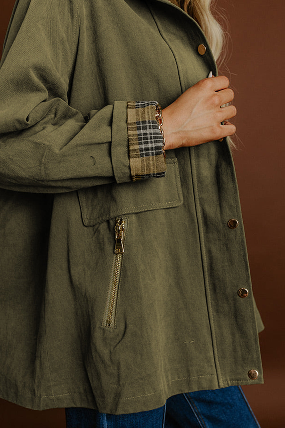 Moss Green Color Block Collar Patchwork Contrasted Leopard Liner Utility Jacket