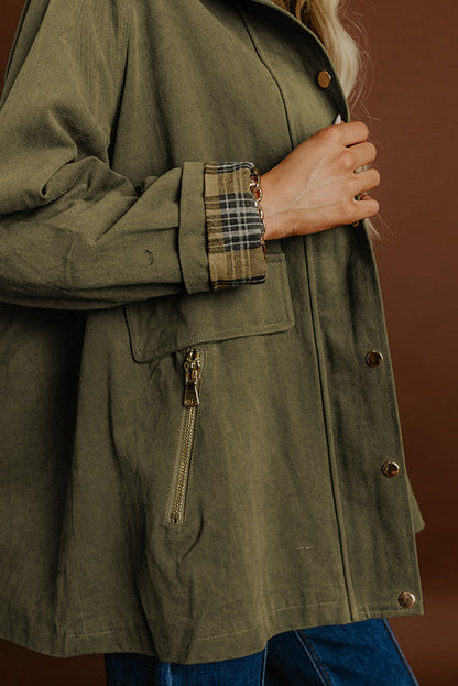 Moss Green Color Block Collar Patchwork Contrasted Leopard Liner Utility Jacket