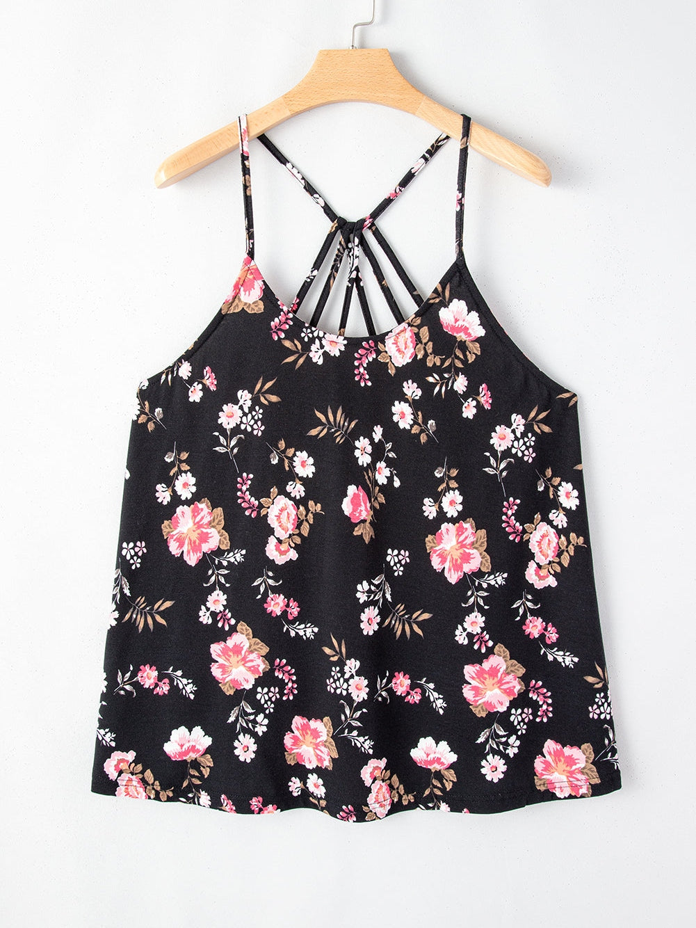 Floral Strappy Racerback Tank Top in Black Plus Size