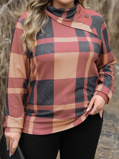 Mineral Red Geometric Print Plus Size Long Sleeve Collared Top