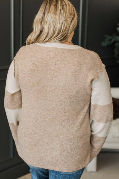 Parchment Color Block Sleeve Button Notched Neck Plus Size Sweater