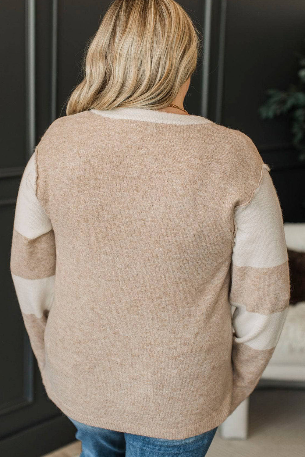 Parchment Color Block Sleeve Button Notched Neck Plus Size Sweater