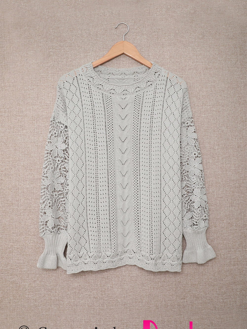 Gray Scallop Neck Crochet Lace Knit Sweater