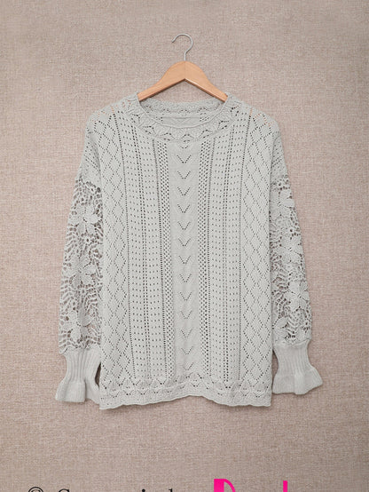 Gray Scallop Neck Crochet Lace Knit Sweater