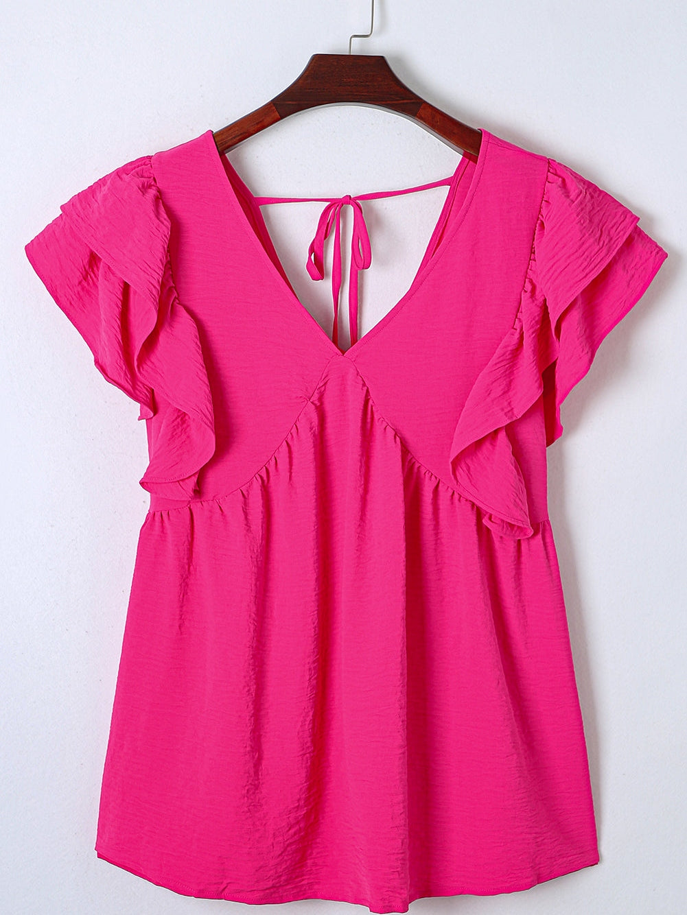 Pretty in Pink V-Neck Ruffle Tunic Top with Tie Back