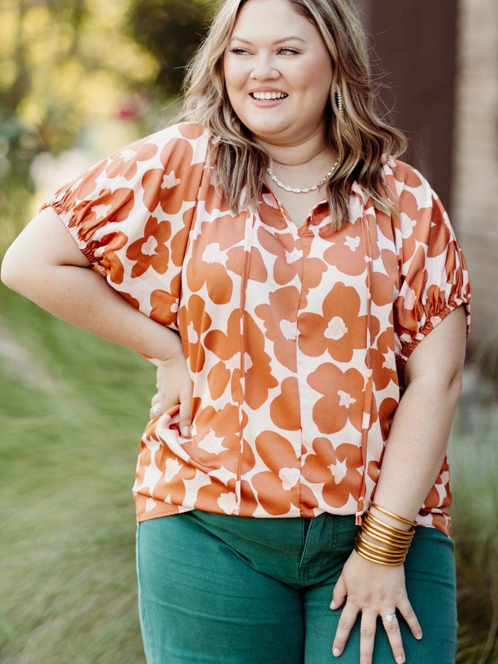 Orange Floral Print Plus Size V Neck Short Sleeve Blouse with Drawstring