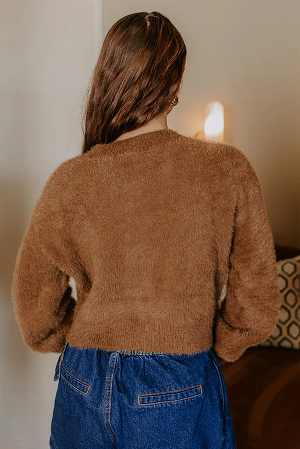 Coffee Contrast Heart Button Plush Knit Sweater Cardigan