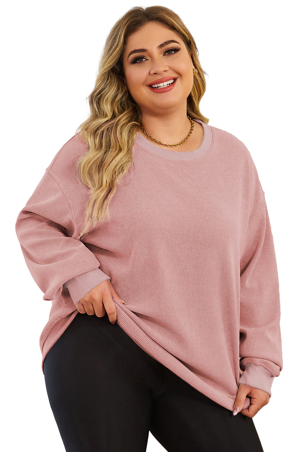 Pink Plus Size Corded Round Neck Sweatshirt