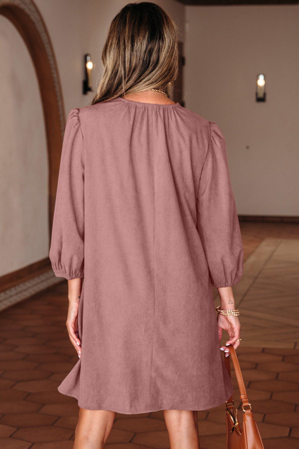 Rose Tan Bracelet Sleeve Split Neck Scallop Detail Pleated Corduroy Mini Dress