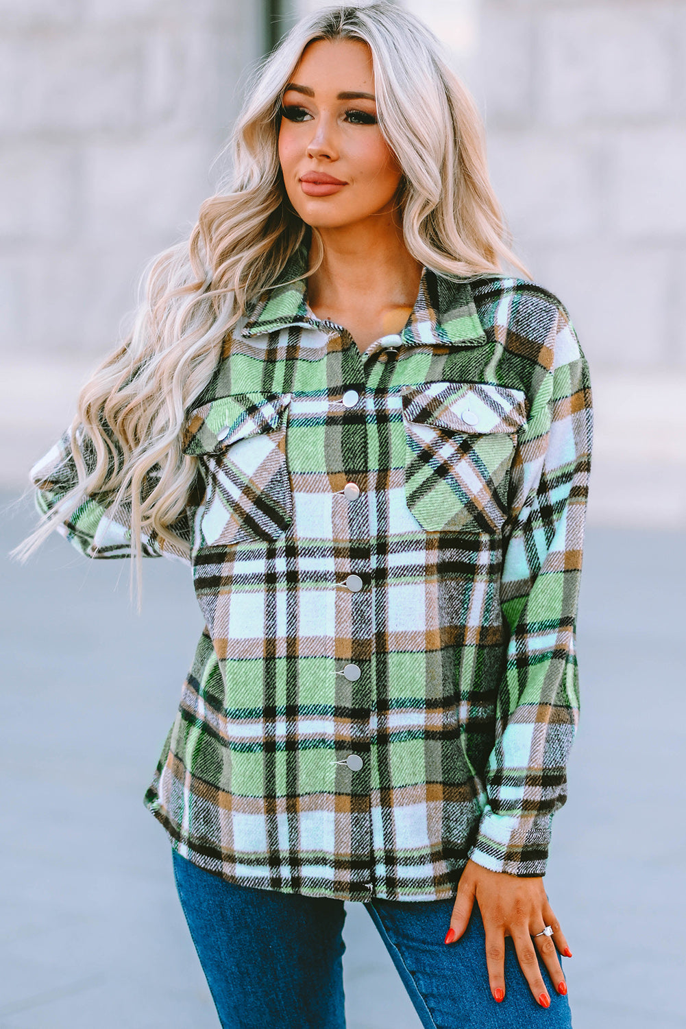 Green Plaid Print Shacket with Pockets